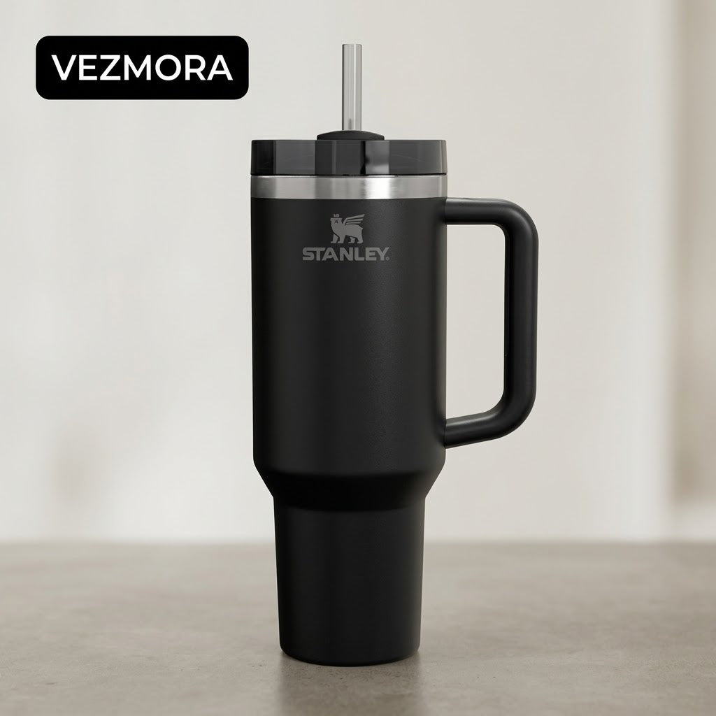 VEZmora Stanley Quencher H2.0 FlowState Insulated Stainless Steel 40oz Tumbler, Black Floral Etched