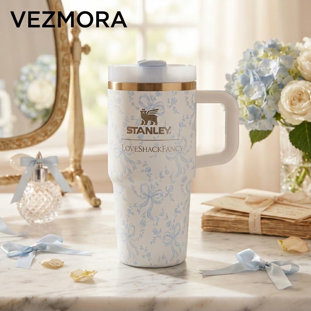 VEZmora Stanley x LoveShackFancy Insulated Stainless Steel Quencher H2.0 FlowState 20oz Tumbler, White & Blue Bows Floral