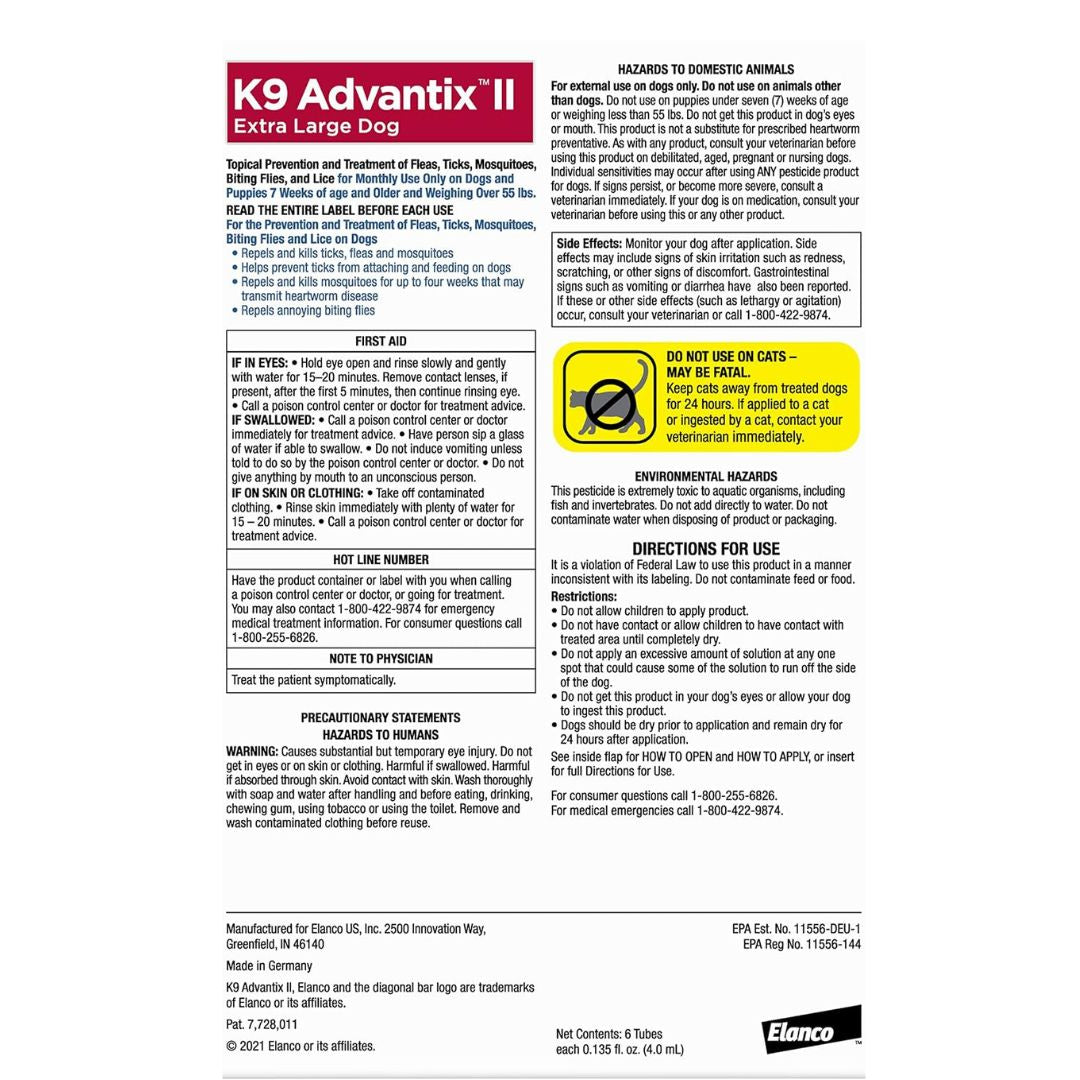 VEZmora K9 Advantix II Flea, Tick & Mosquito Treatment for Extra Large Dogs (Over 55 lbs) – 6 Doses