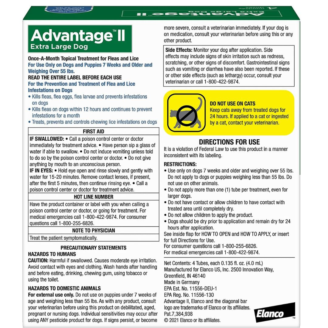 Advantage II Flea Treatment & Prevention for Extra Large Dogs (Over 55 lbs) – 4 Doses