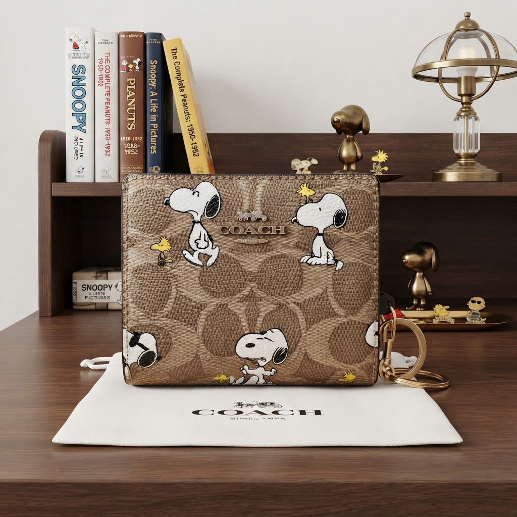 Vezmora Coach x Peanuts Signature Canvas Snoopy Print Small Wallet with Key Ring - Vezmora