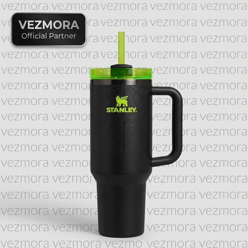 VEZmora Stanley Quencher H2.0 FlowState Tumbler with Straw and Gift Box, Black & Neon Green Spider Web