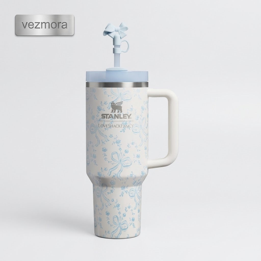 VEZmora Stanley x LoveShackFancy Insulated Stainless Steel Quencher H2.0 FlowState 40oz Tumbler with Straw, White & Blue Bows Floral