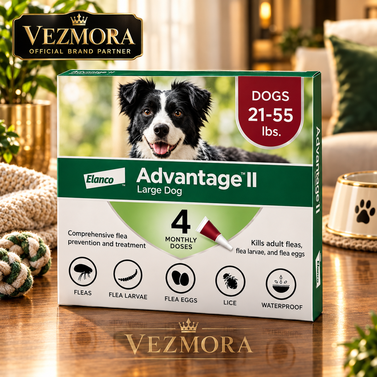 VEZmora Advantage II Large Dog Flea Treatment (21-55 lbs, 4 Doses) + Pet Protect Digestive Health Chews (60 Count) Bundle