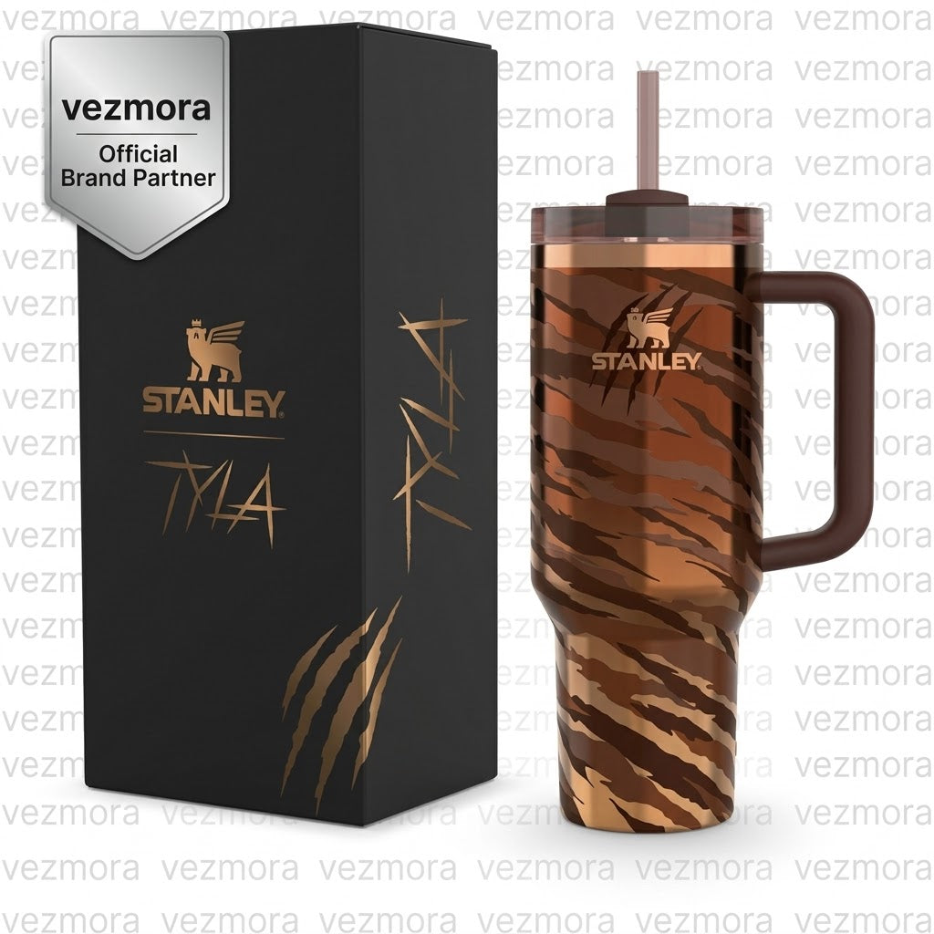 Stanley x Tyla Limited Edition Insulated Stainless Steel Quencher H2.0 FlowState Tumbler with Straw and Gift Box, Brown Tiger Print