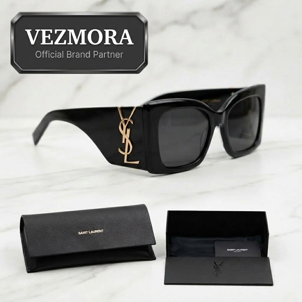 Vezmora Saint Laurent YSL Monogram Black Square Sunglasses with Case & Box Set