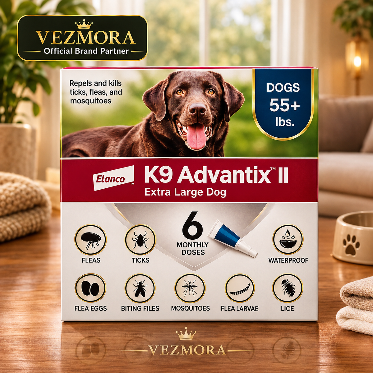 VEZmora K9 Advantix II Flea, Tick & Mosquito Treatment for Extra Large Dogs (Over 55 lbs) – 6 Doses