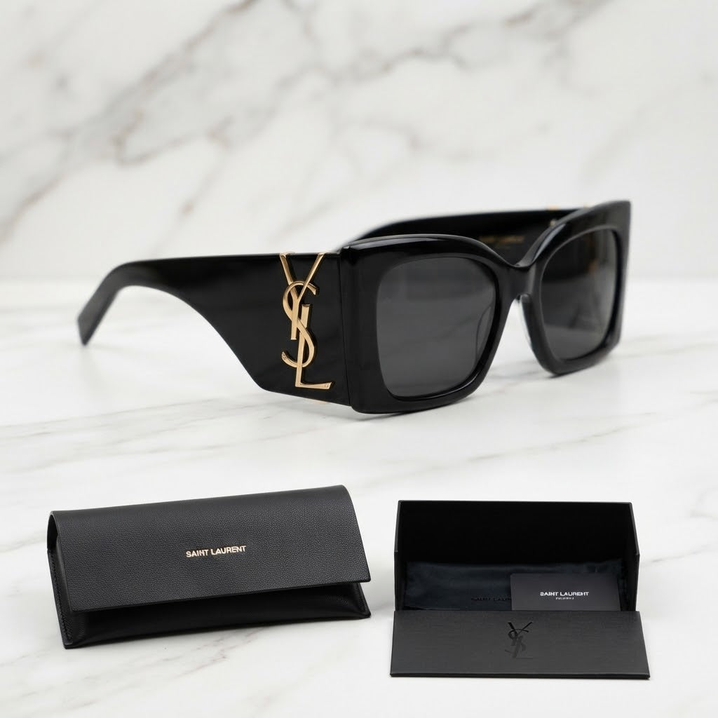 Vezmora Saint Laurent YSL Monogram Black Square Sunglasses with Case & Box Set - Vezmora