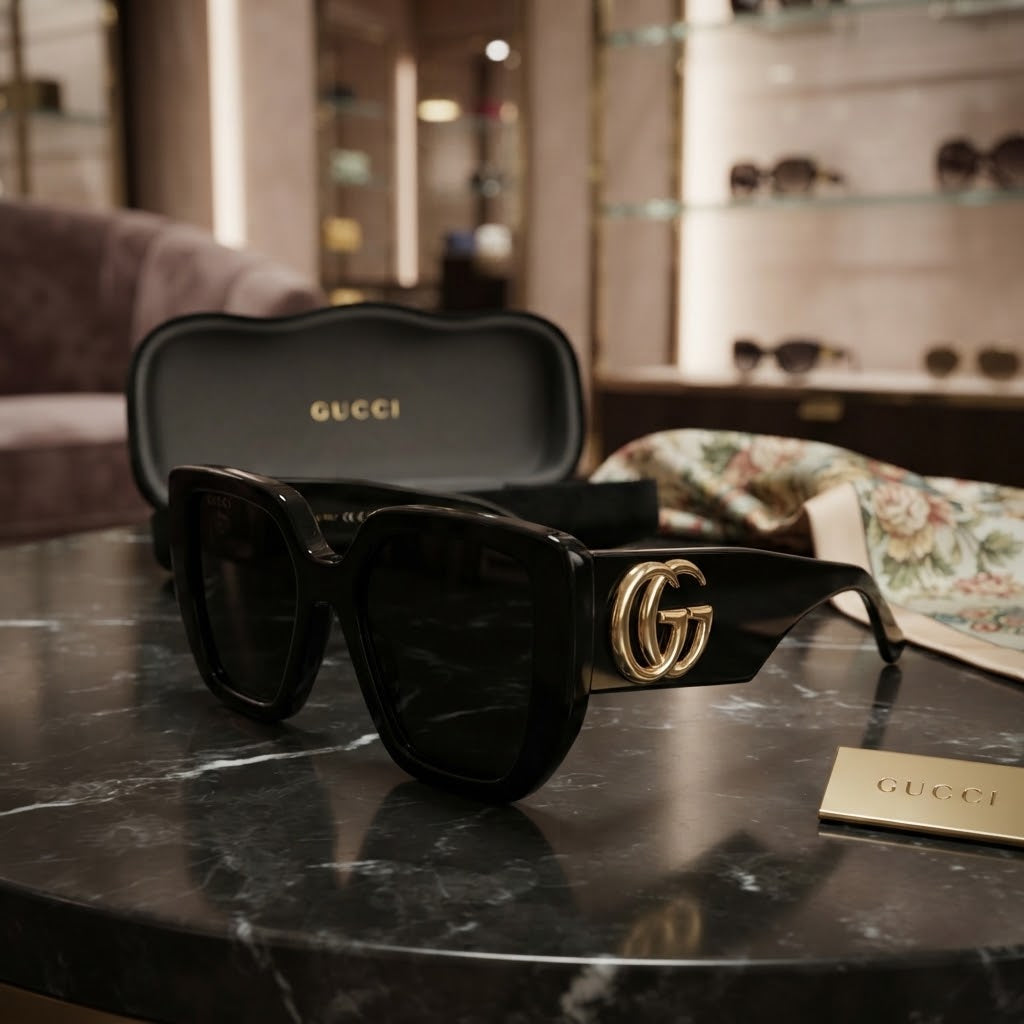 Vezmora Gucci Interlocking G Black Square Sunglasses with Case Set - Vezmora