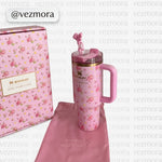 VEZmora Stanley x LoveShackFancy Insulated Stainless Steel Quencher H2.0 FlowState Tumbler with Straw and Gift Box, Pink Floral Bows