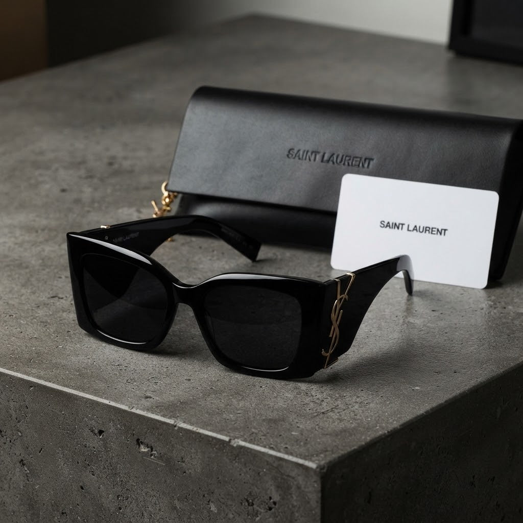 Vezmora Saint Laurent YSL Monogram Black Square Sunglasses with Case & Card Set - Vezmora