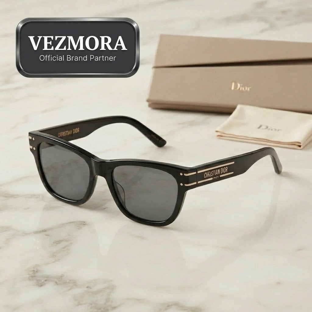 Vezmora Christian Dior Black Square Sunglasses with Branded Case Set