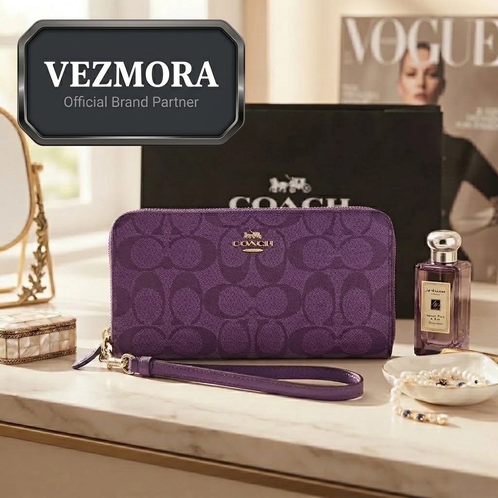 Vezmora Coach Signature Purple Accordion Zip Around Wallet with Wrist Strap