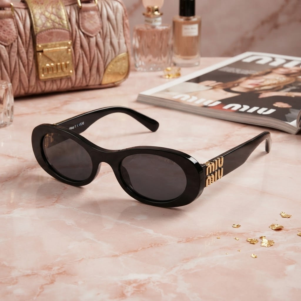 Vezmora Miu Black Oval Sunglasses with Gold Lettering Logo - Vezmora