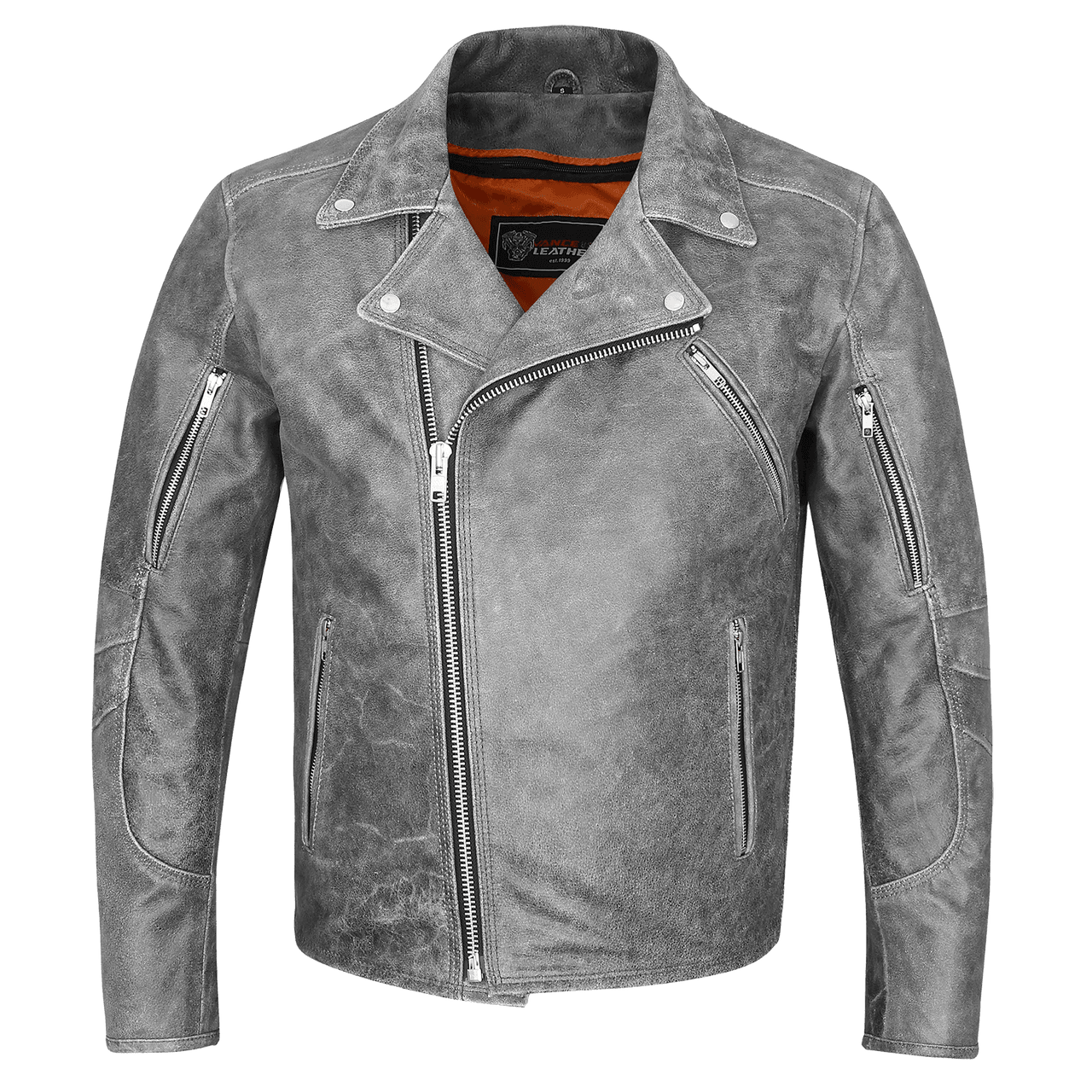 High Mileage Mens Beltless Dual Conceal Carry Distressed Gray Premium Cowhide Leather Biker Motorcycle Jacket