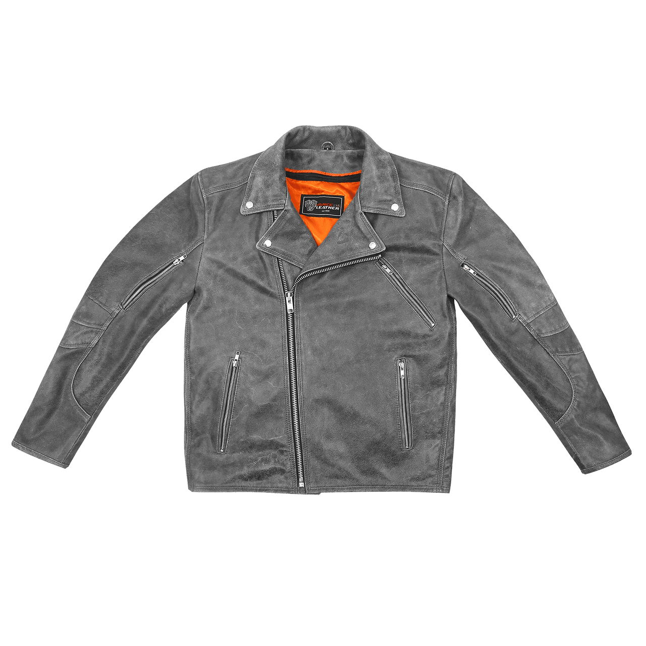 High Mileage Mens Beltless Dual Conceal Carry Distressed Gray Premium Cowhide Leather Biker Motorcycle Jacket