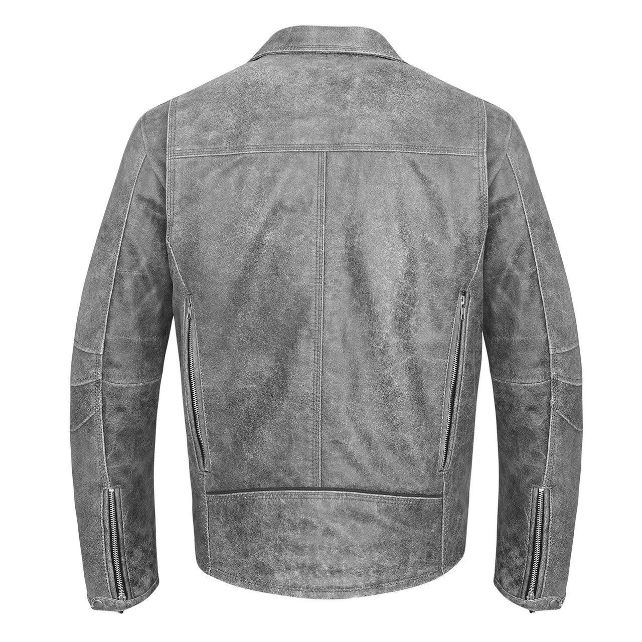 High Mileage Mens Beltless Dual Conceal Carry Distressed Gray Premium Cowhide Leather Biker Motorcycle Jacket