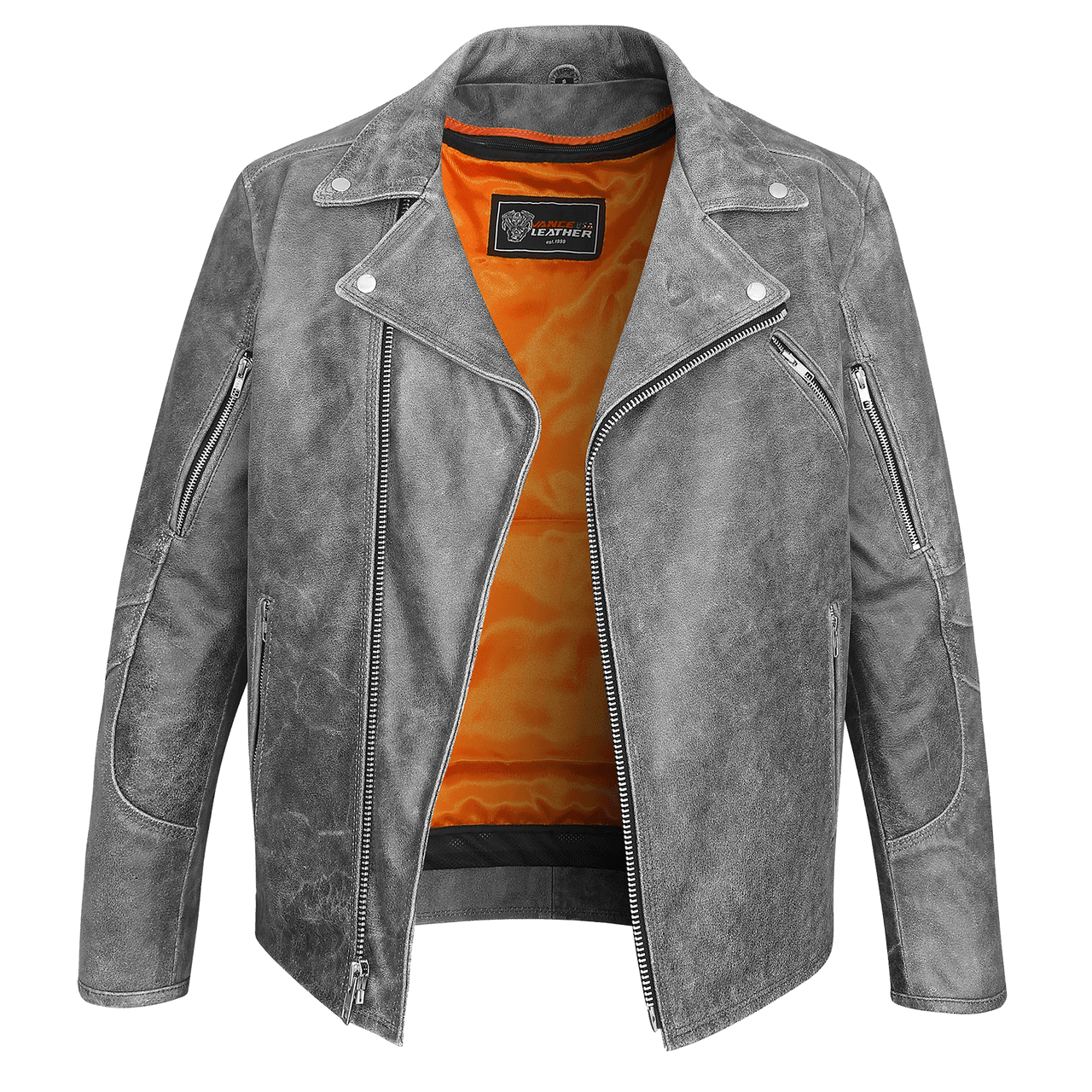 High Mileage Mens Beltless Dual Conceal Carry Distressed Gray Premium Cowhide Leather Biker Motorcycle Jacket