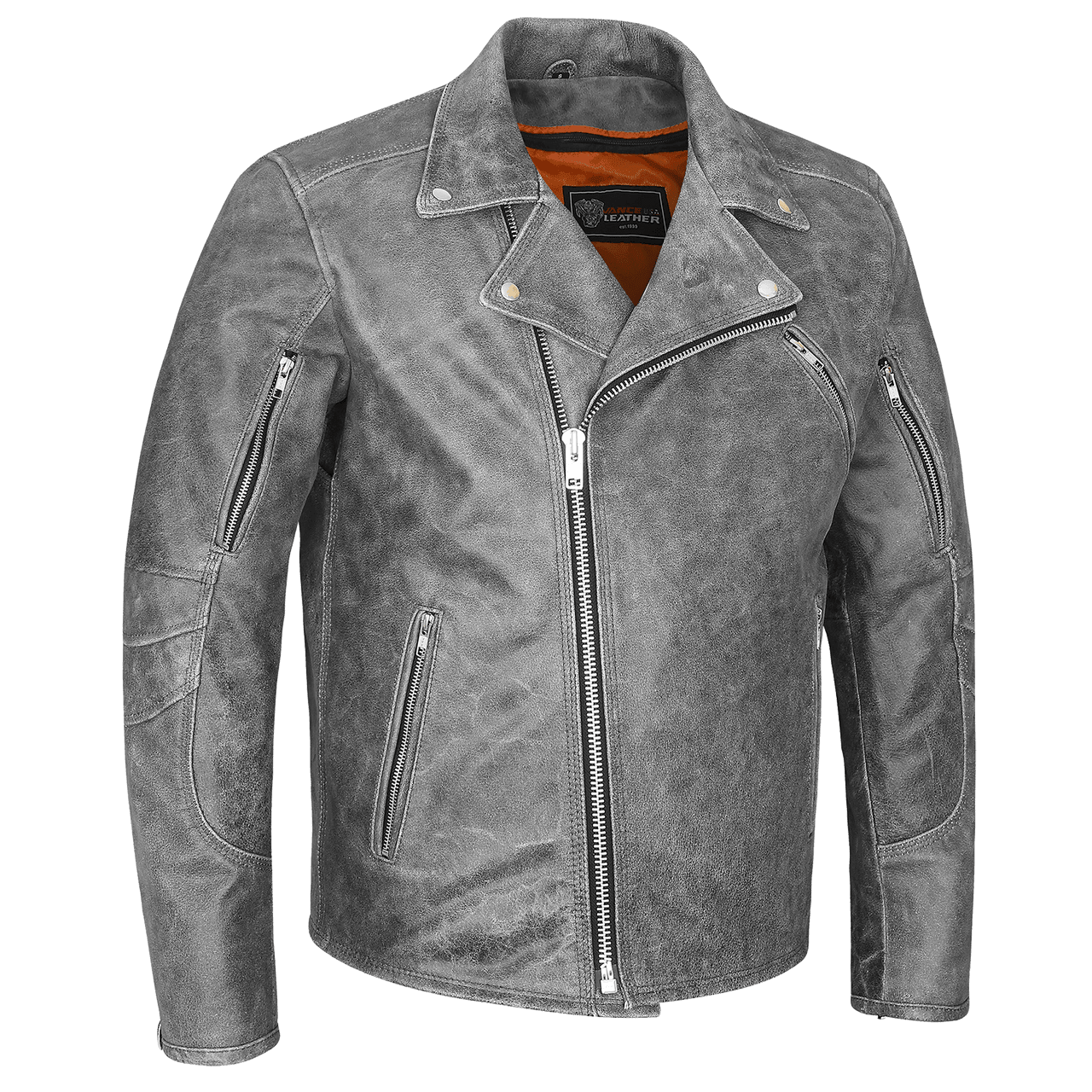 High Mileage Mens Beltless Dual Conceal Carry Distressed Gray Premium Cowhide Leather Biker Motorcycle Jacket