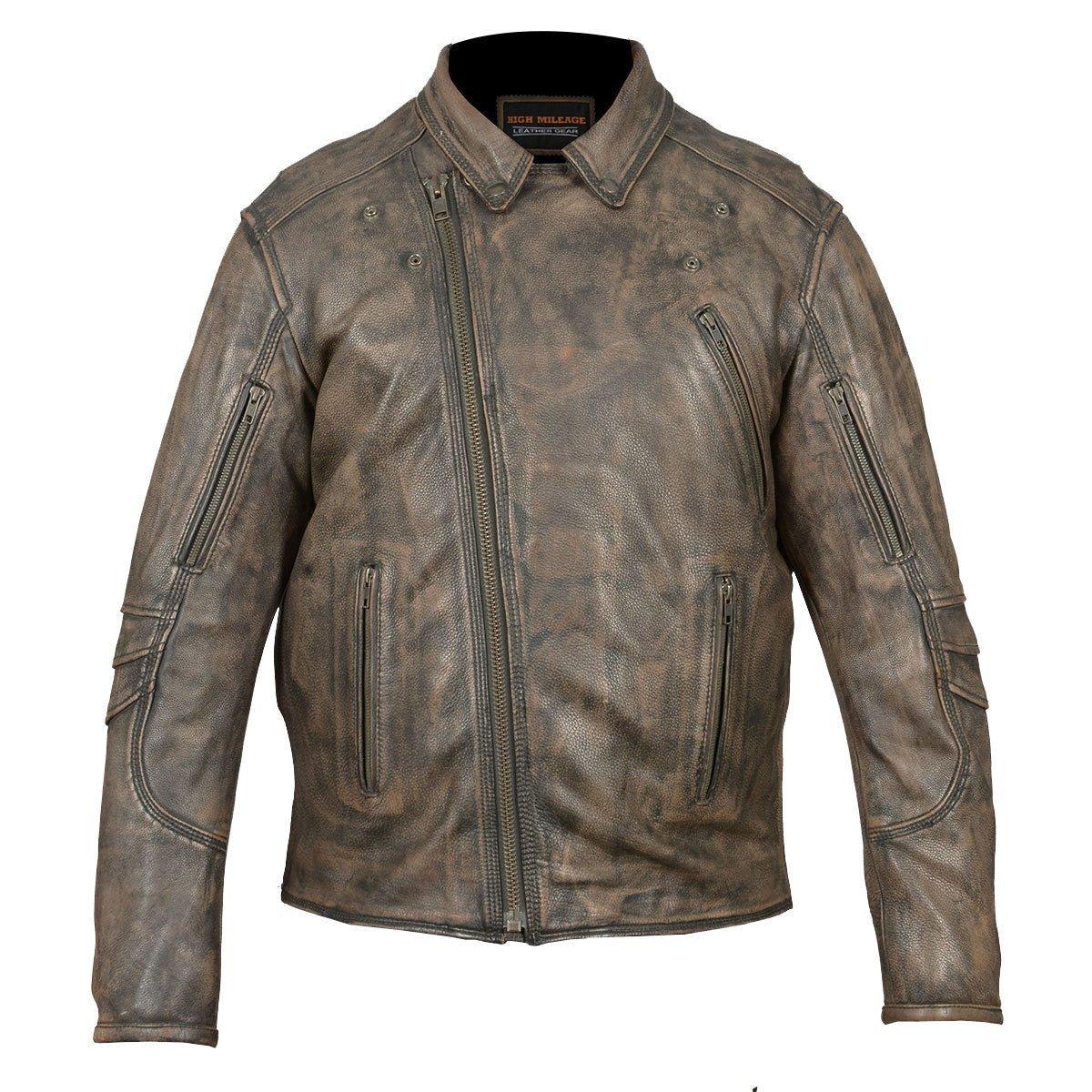 High Mileage Men's Dual Conceal Carry Distressed Brown Premium Cowhide Leather Biker Motorcycle Jacket