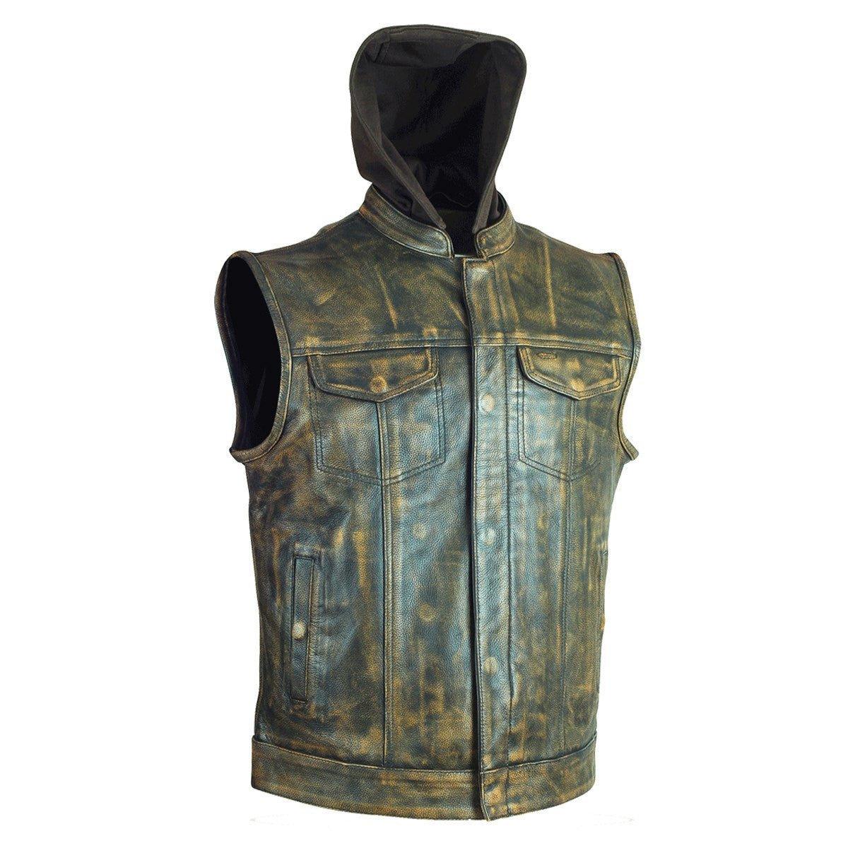 High Mileage Mens Premium Cowhide Distressed Brown SOA Style Biker Club Leather Motorcycle Vest With Hoodie