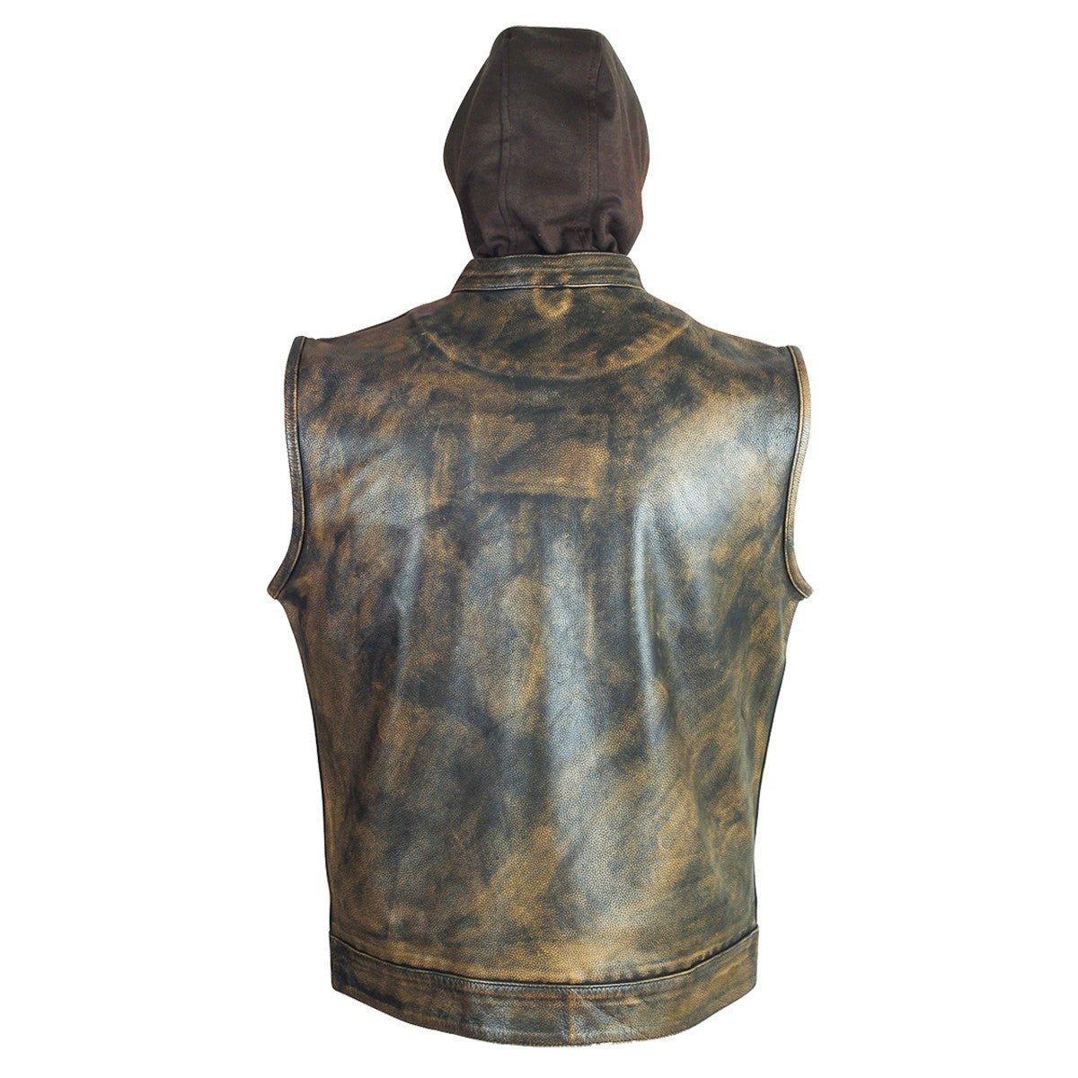 High Mileage Mens Premium Cowhide Distressed Brown SOA Style Biker Club Leather Motorcycle Vest With Hoodie