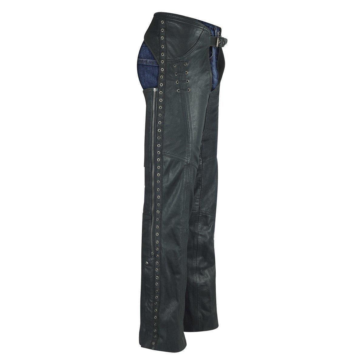 High Mileage Womens Black Premium Top Grain Goatskin Lady Biker Motorcycle Leather Chaps with Grommeted Twill and Lace