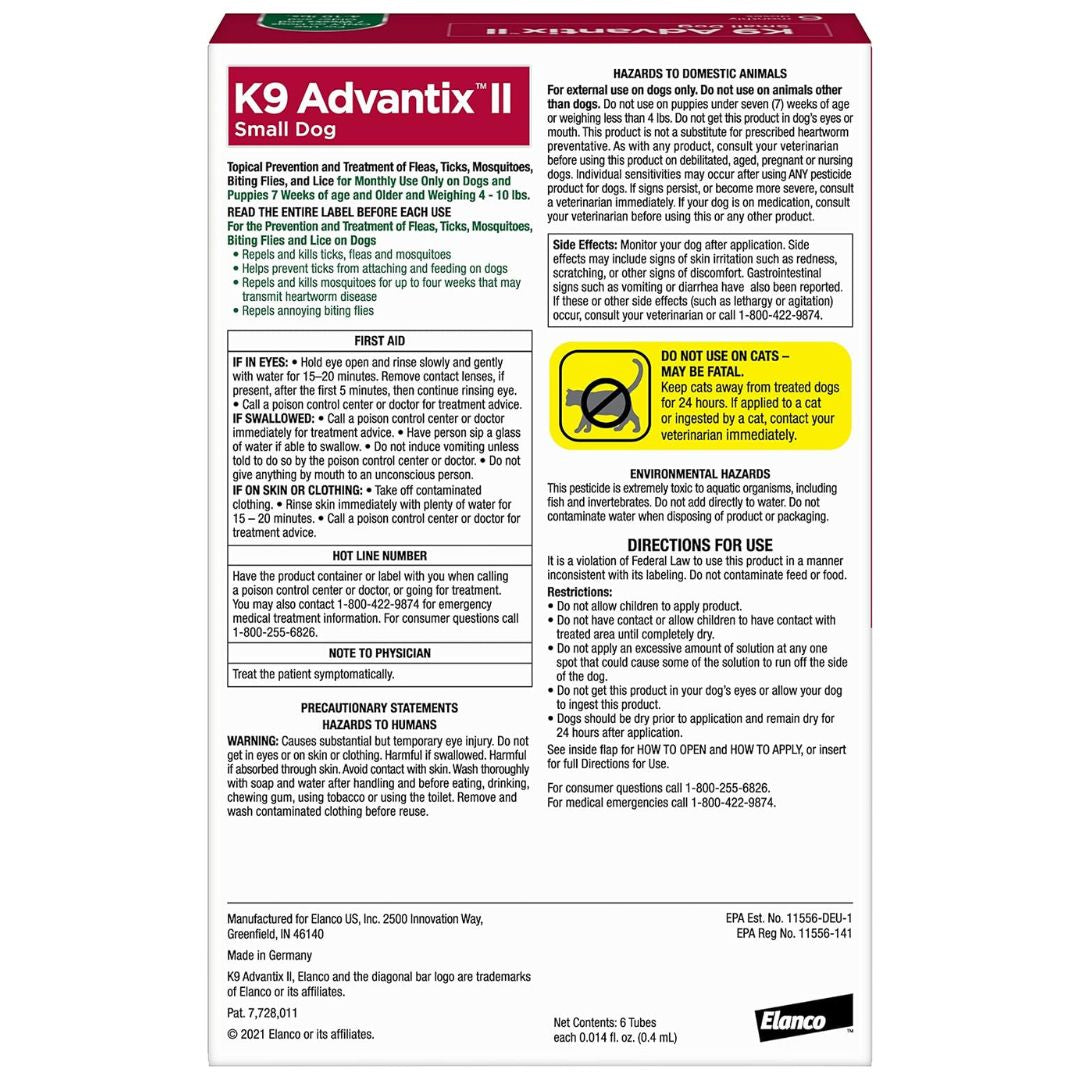 VEZmora K9 Advantix II Flea, Tick & Mosquito Treatment for Small Dogs (4-10 lbs) – 6 Doses