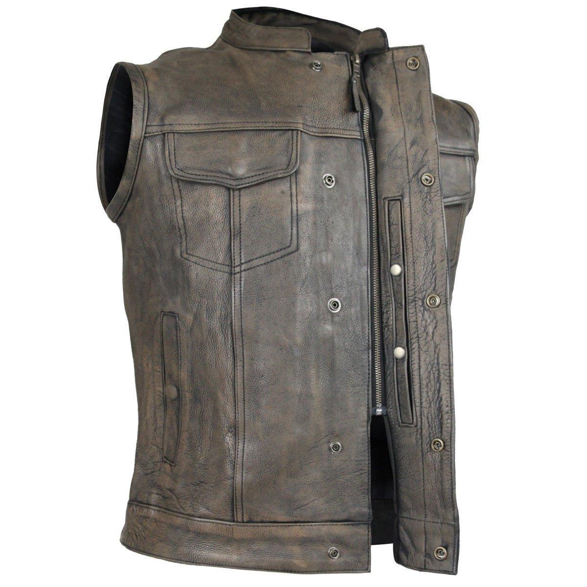 High Mileage Mens Premium Cowhide Distressed Brown SOA Style Biker Club Leather Motorcycle Vest