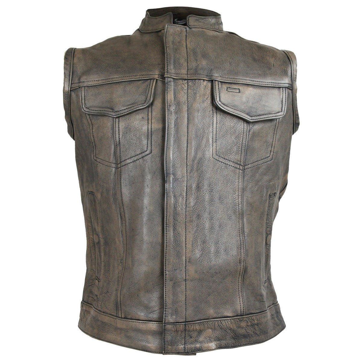 High Mileage Mens Premium Cowhide Distressed Brown SOA Style Biker Club Leather Motorcycle Vest