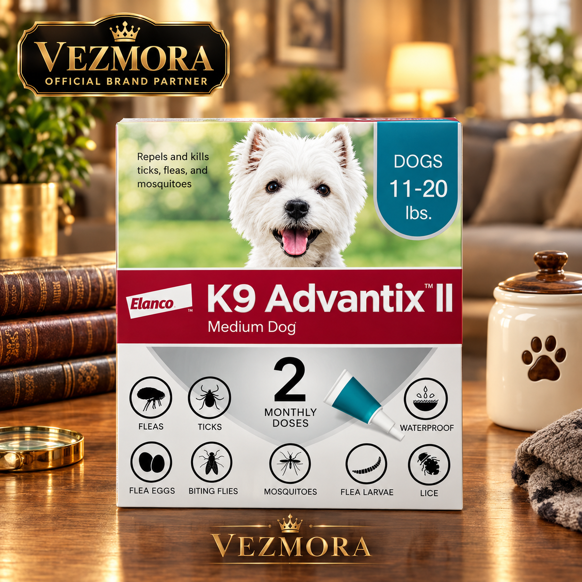 VEZmora Elanco K9 Advantix II Flea, Tick, and Mosquito Treatment for Medium Dogs (11-20 lbs), 2 Doses