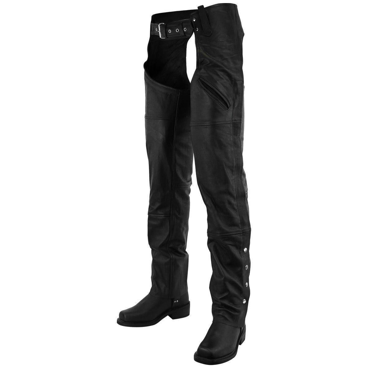 Vance Leather Unisex Black Premium Cowhide Deep Pocket Biker Leather Motorcycle Chaps