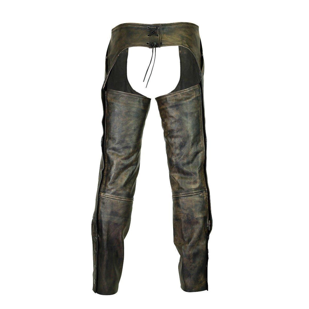 High Mileage Premium Cowhide Vintage Distressed Brown Jean Style Leather Motorcycle Chaps Unisex