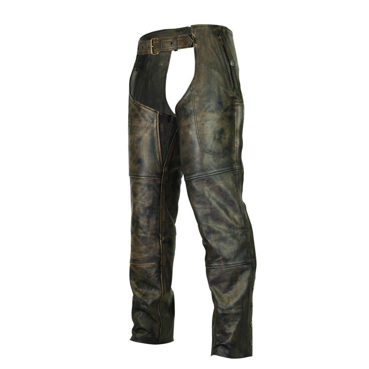 High Mileage Premium Cowhide Vintage Distressed Brown Jean Style Leather Motorcycle Chaps Unisex