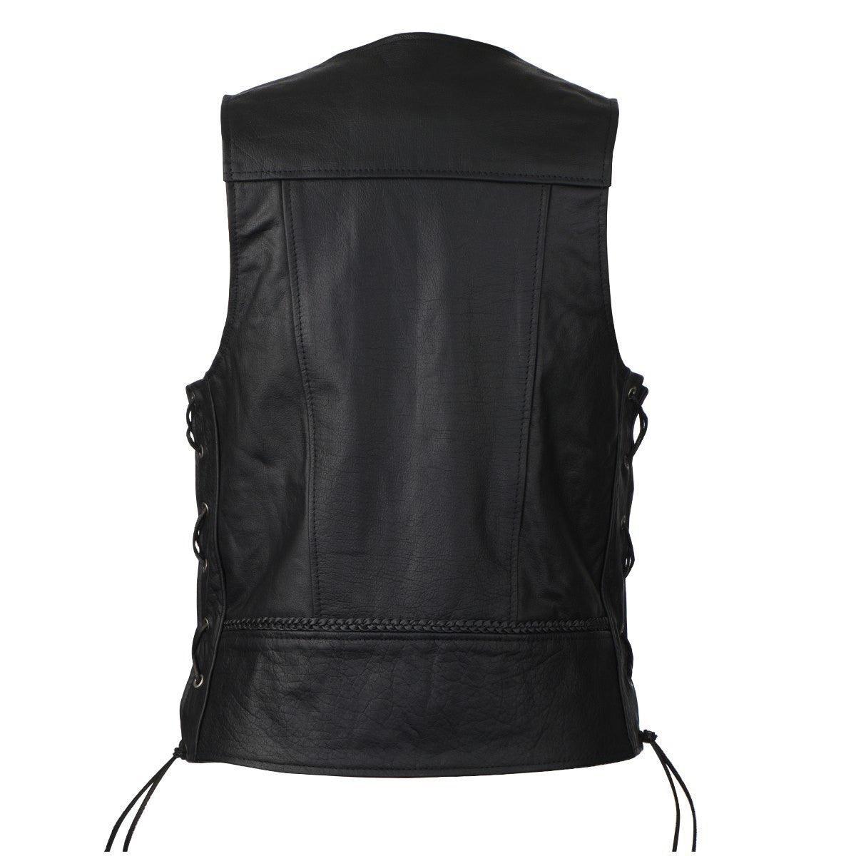 Men's Black Straight Bottom Motorcycle Leather Vest With Buffalo Nickel Snaps