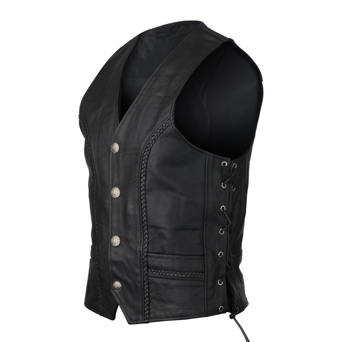 Men's Black Straight Bottom Motorcycle Leather Vest With Buffalo Nickel Snaps