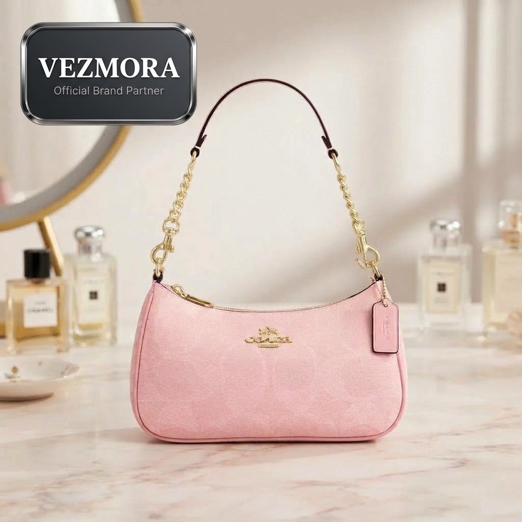 Vezmora Coach Signature Pink Jacquard Chain Shoulder Bag