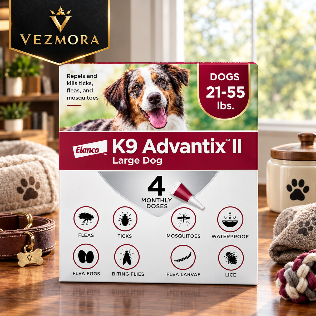 VEZmora Elanco K9 Advantix II Flea, Tick, and Mosquito Treatment for Large Dogs (21-55 lbs), 4 Doses