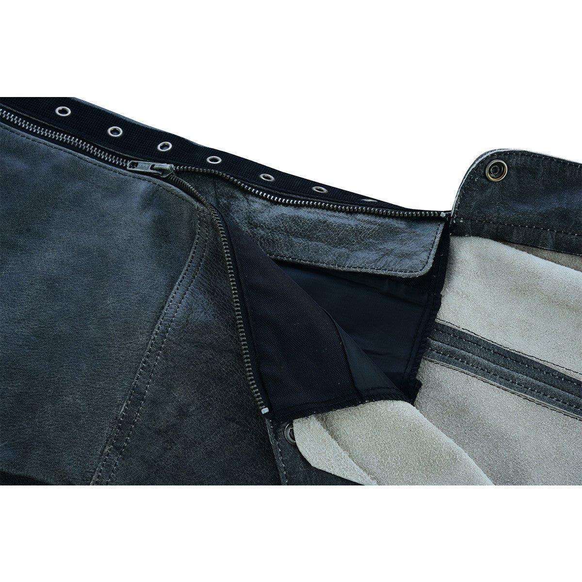 High Mileage Womens Vintage Distressed Gray Soft Goatskin Lady Biker Motorcycle Leather Chaps with Grommeted Twill and Lace