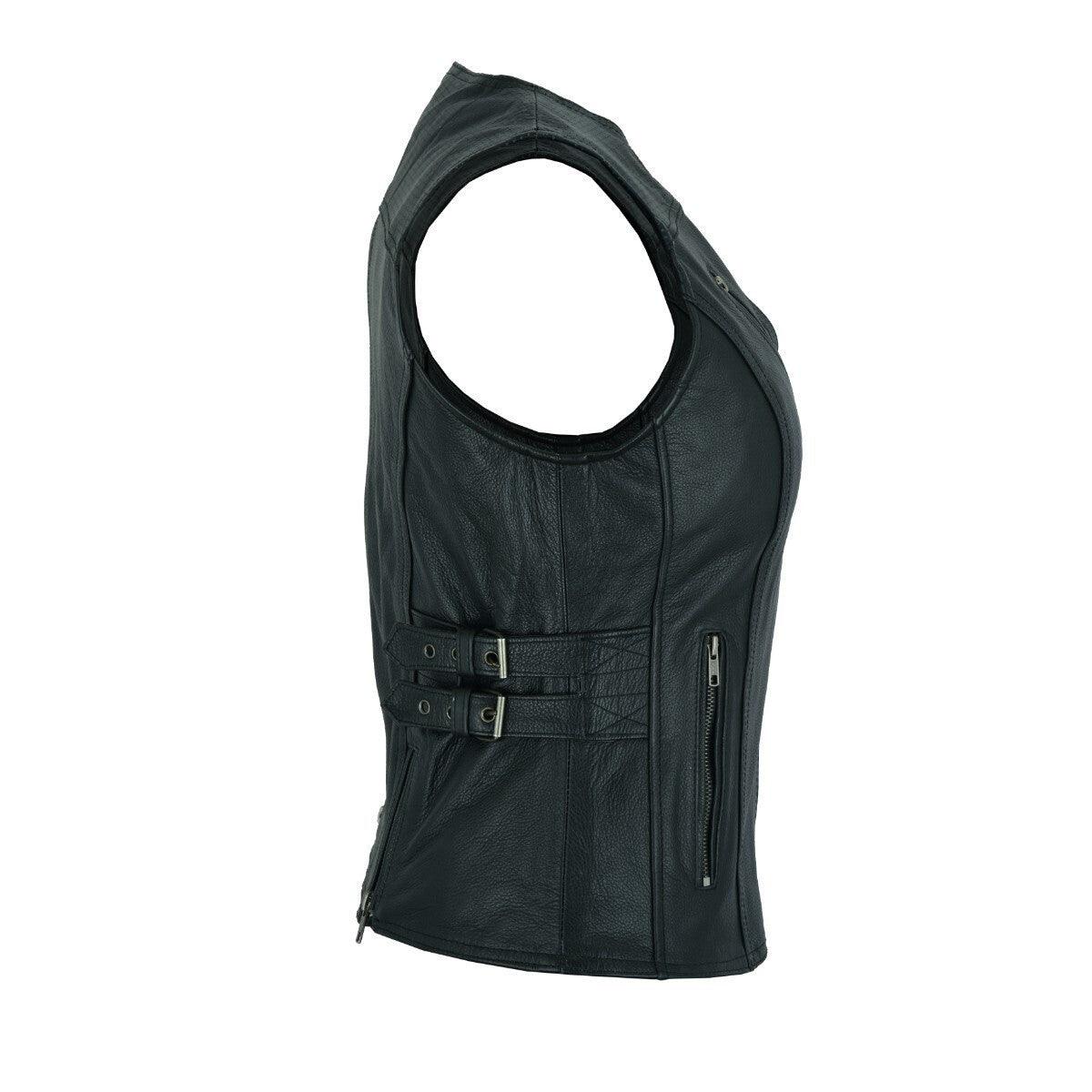 High Mileage Womens Black Premium Cowhide Biker Motorcycle Leather Vest With Buckles