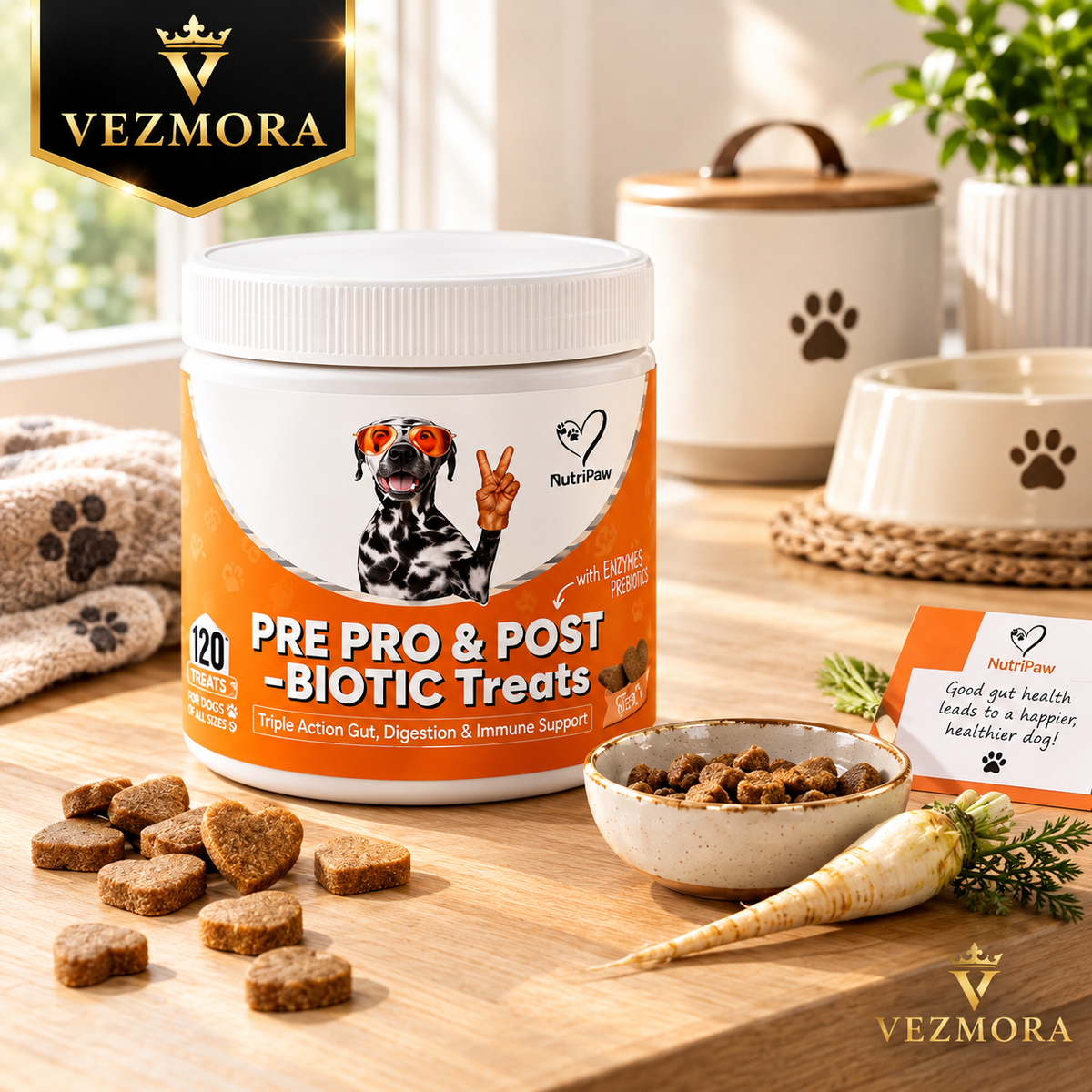 Vezmora NutriPaw Pre, Pro & Post-Biotic Treats for Dogs – Triple-Action Gut, Digestion & Immune Support – 120 Chews