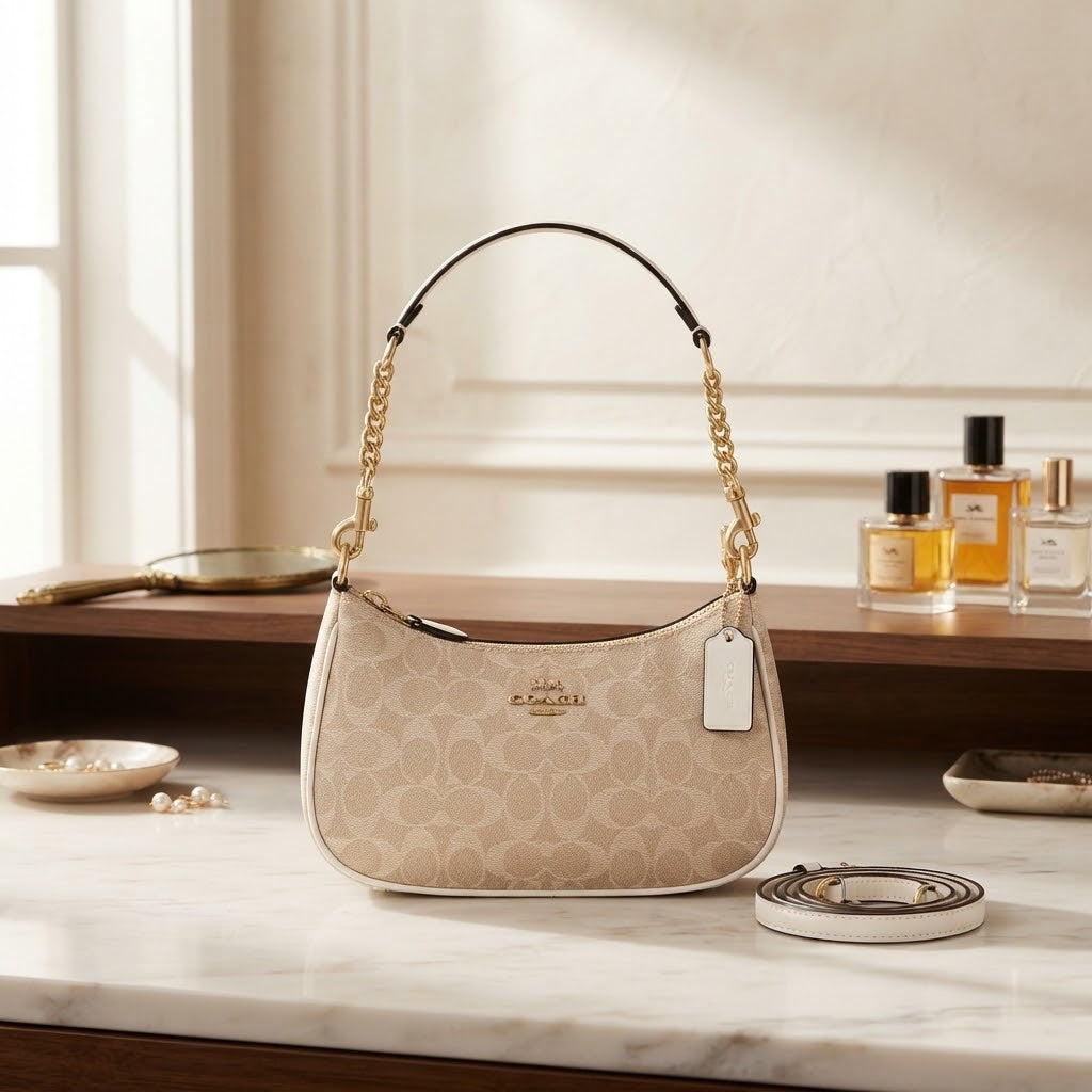 Vezmora Coach Signature Khaki Jacquard Chain Shoulder Bag - Vezmora