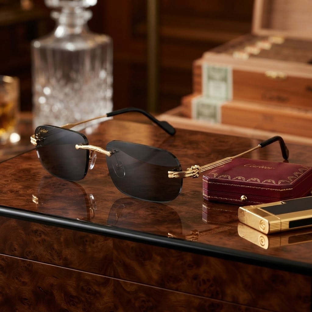 Vezmora Cartier Rimless Gold-Tone & Black Sunglasses with Presentation Case - Vezmora