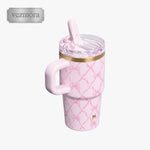 VEZmora Stanley x LoveShackFancy Insulated Stainless Steel Quencher H2.0 FlowState Tumbler, Pink Bow Lattice