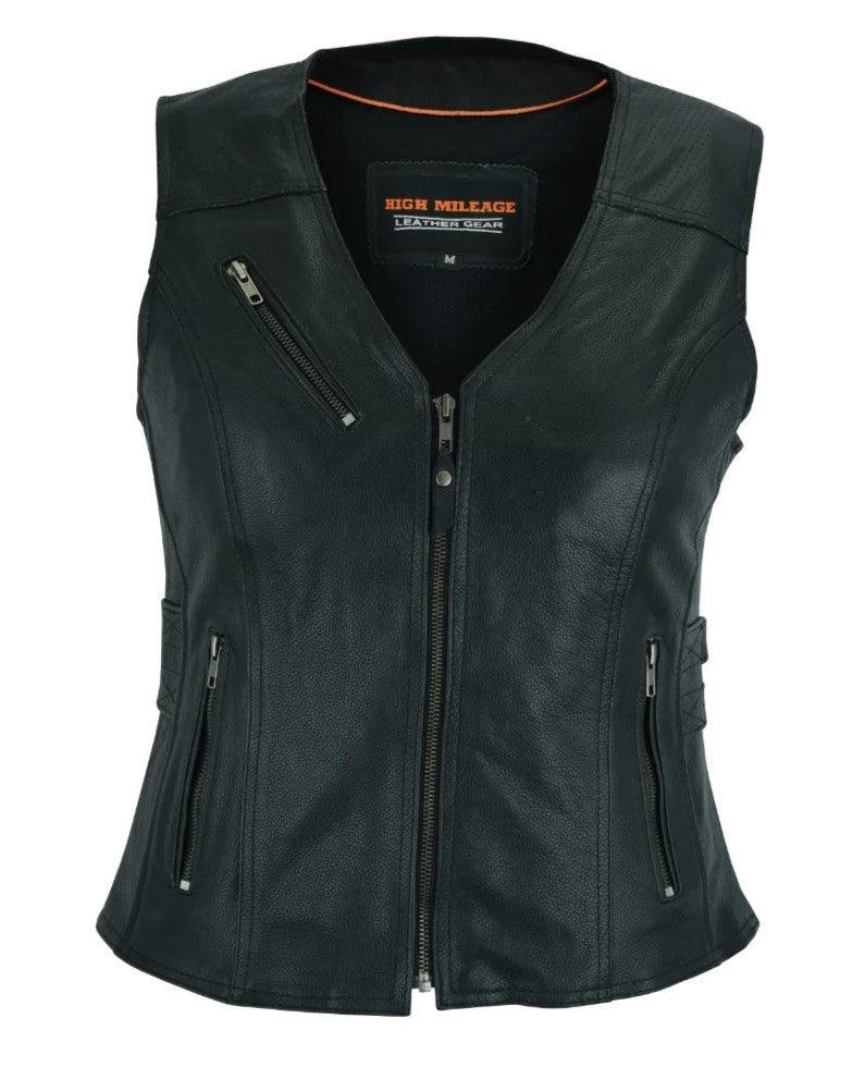 High Mileage Womens Black Premium Cowhide Biker Motorcycle Leather Vest With Buckles