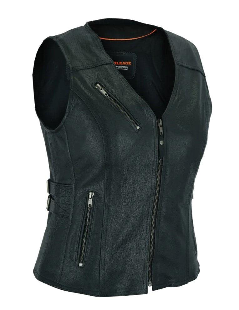 High Mileage Womens Black Premium Cowhide Biker Motorcycle Leather Vest With Buckles