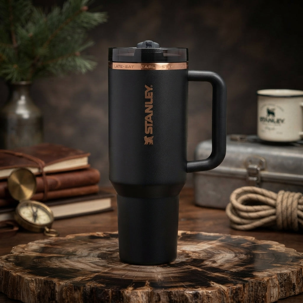 Messi x Stanley Quencher H2.0 FlowState Insulated Stainless Steel 40oz Tumbler, Matte Black with Rose Gold Details - Vezmora