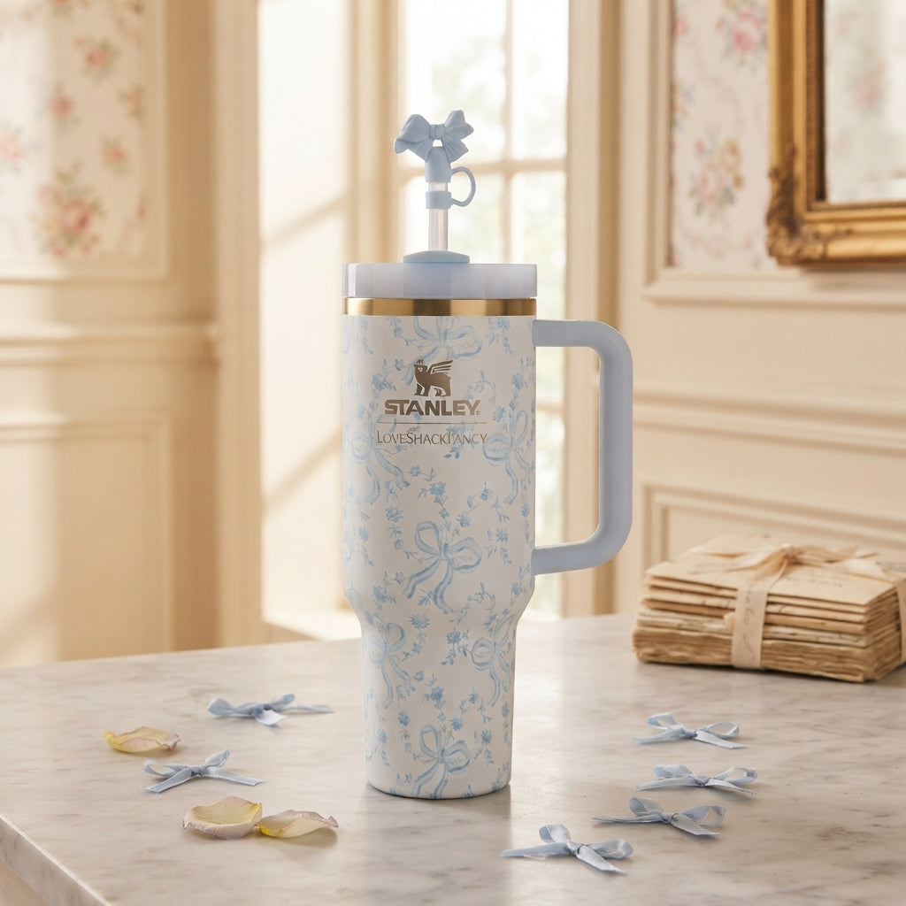 Stanley x LoveShackFancy Insulated Stainless Steel Quencher H2.0 FlowState 40oz Tumbler with Straw, White & Blue Bows Floral - Vezmora