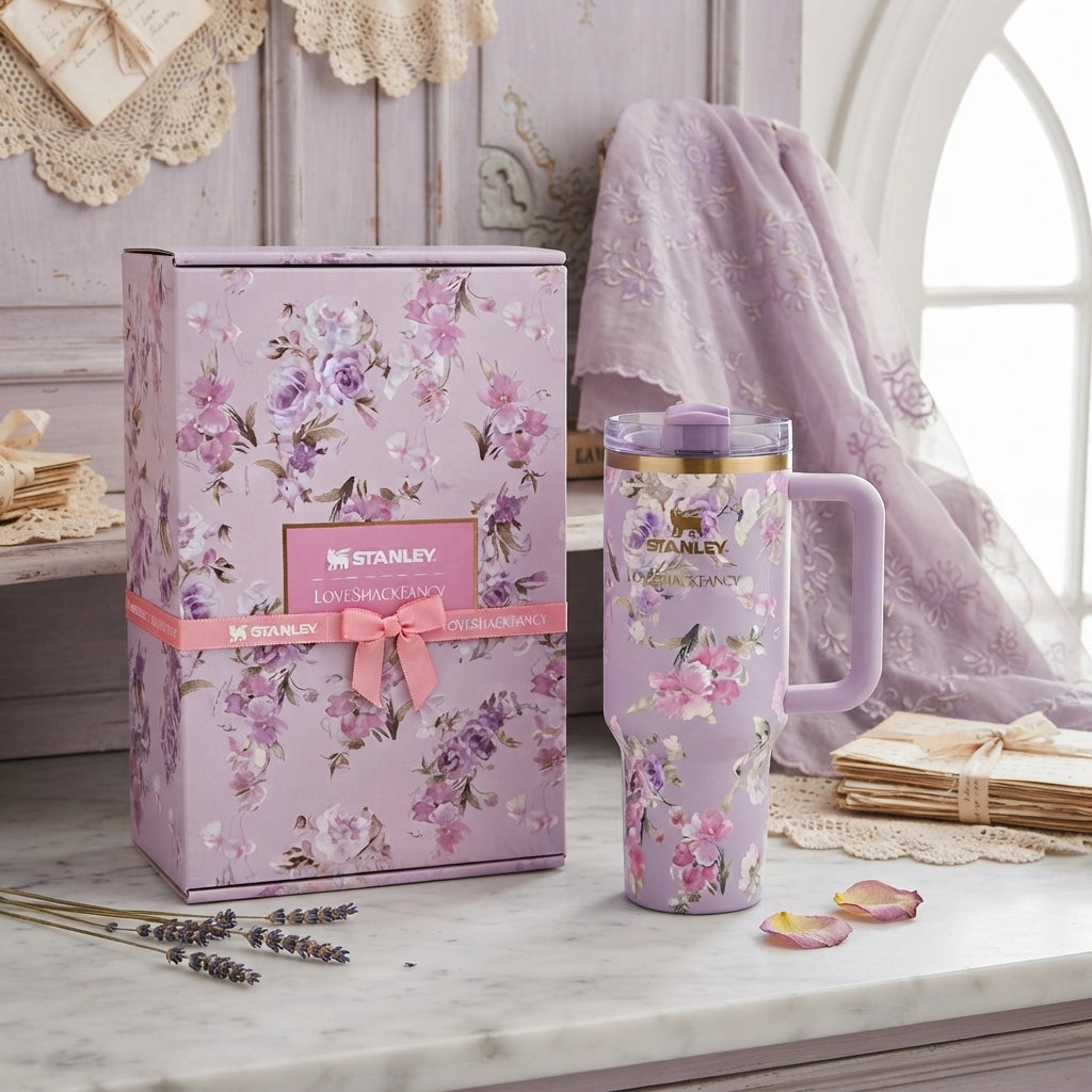 Stanley x LoveShackFancy Insulated Stainless Steel Quencher H2.0 FlowState Tumbler with Straw and Gift Box, Lavender Floral - Vezmora