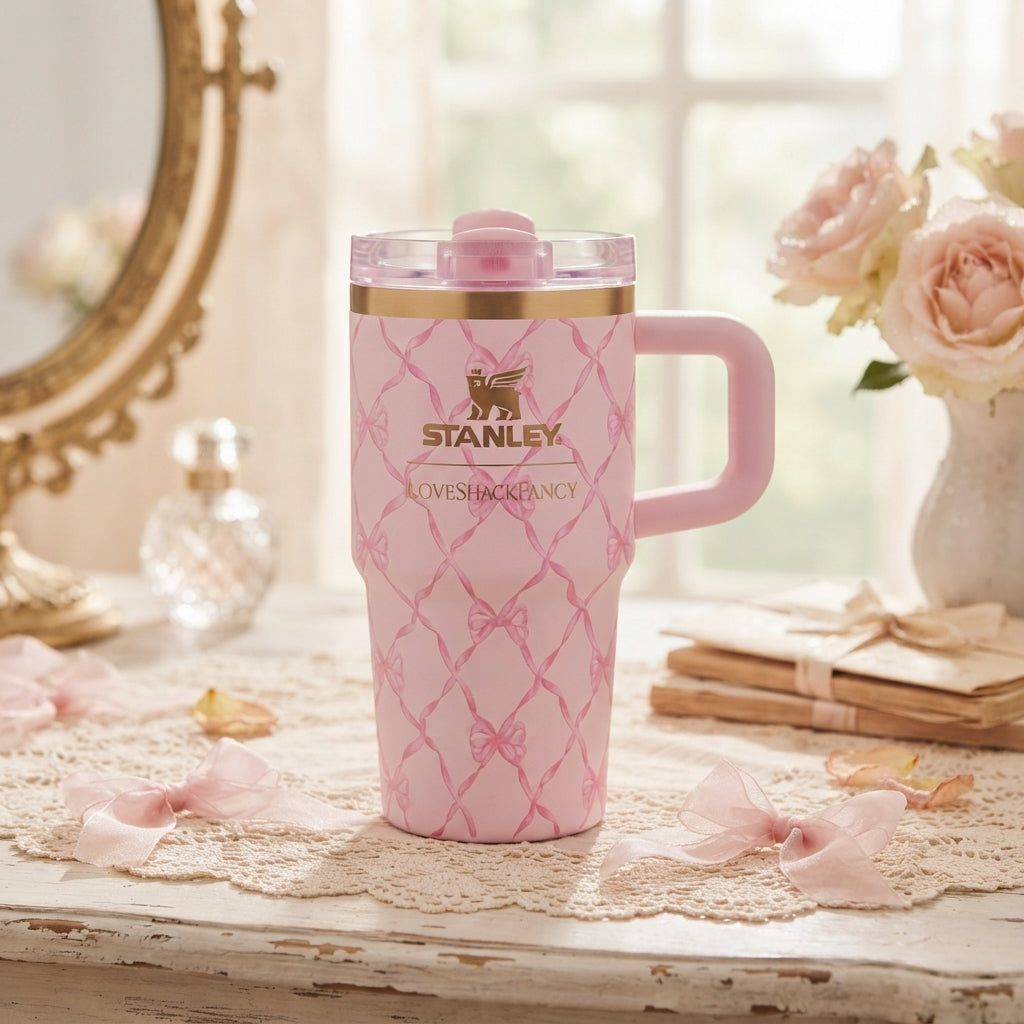 Stanley x LoveShackFancy Insulated Stainless Steel Quencher H2.0 FlowState Tumbler, Pink Bow Lattice - Vezmora